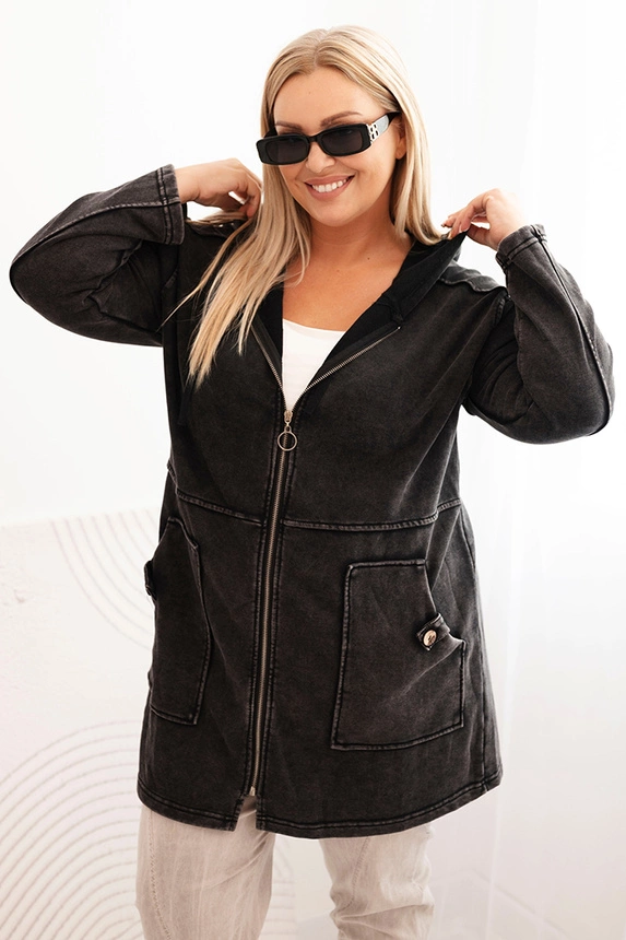 Moteriška Plus Size džinsinė palaidinė su gobtuvu ir kišenėmis juoda