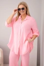 Women's muslin plus-size set with a button-up shirt and wide-leg pants candy pink