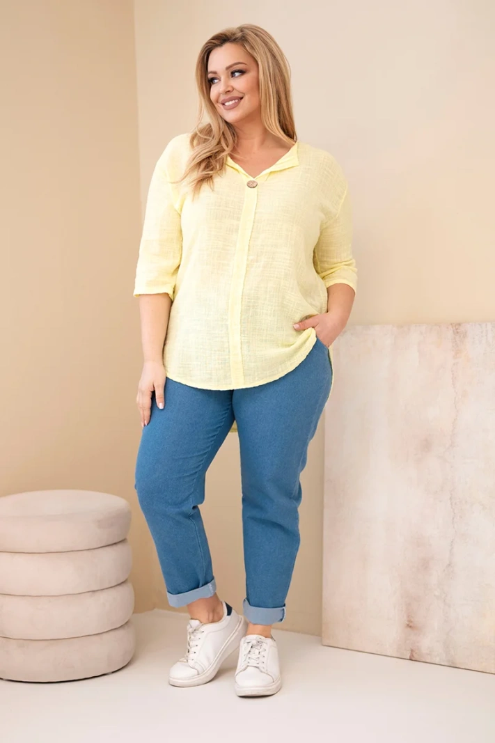 Dámska bavlnená blúzka Plus Size s výstrihom na gombíky žltá