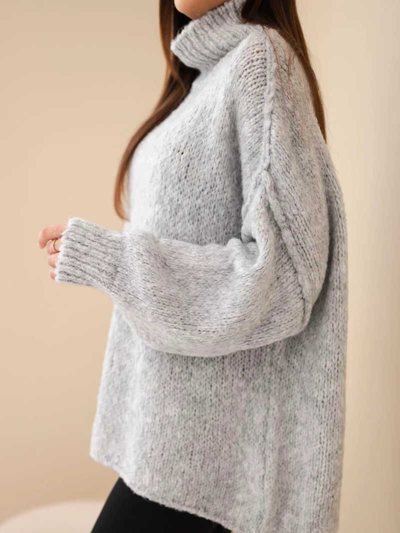 Women's oversized sweater with wool blend, turtleneck, and wide sleeves gray