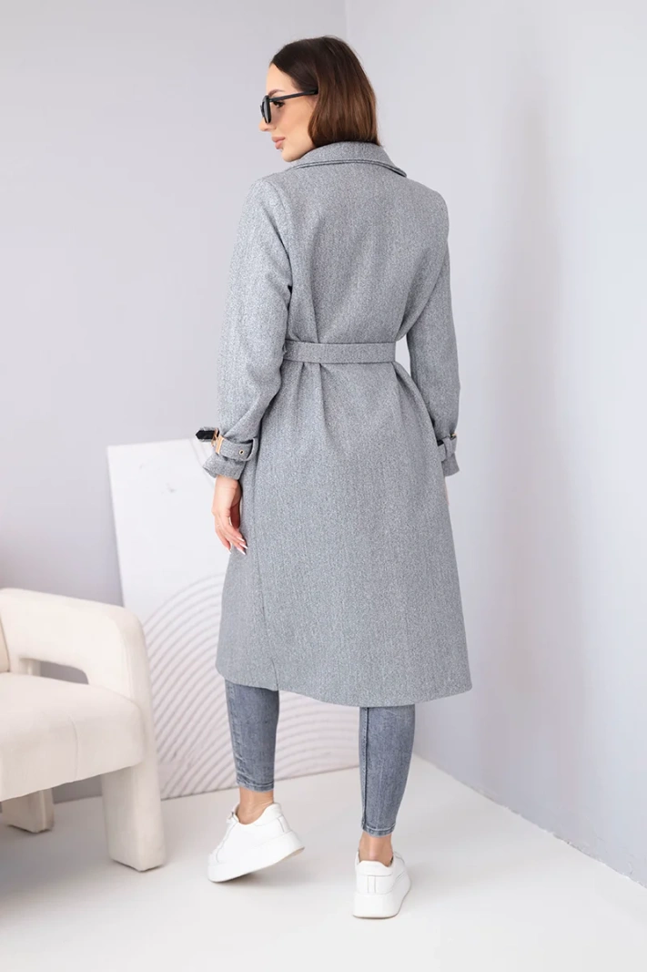 Moteriškas paltas su diržu ir auksinėmis sagtimis pilkas melanžas