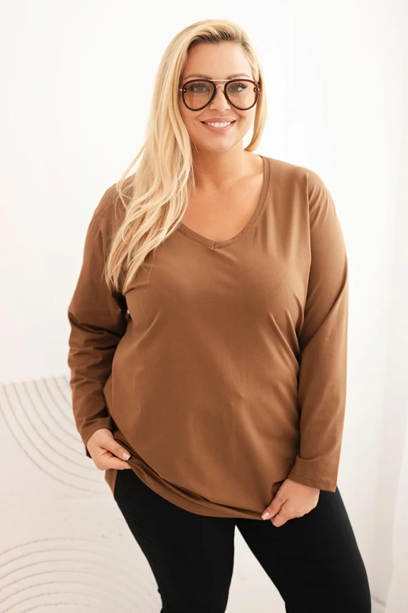Dámská blůza Plus Size s výstřihem do V a dlouhým rukávem hnědá