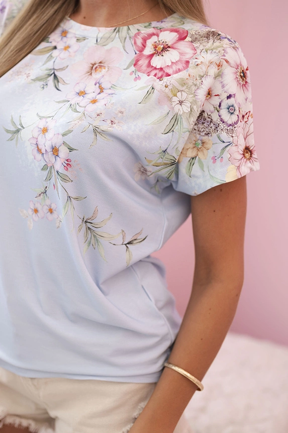 Women's cotton blouse with short sleeves and floral print blue