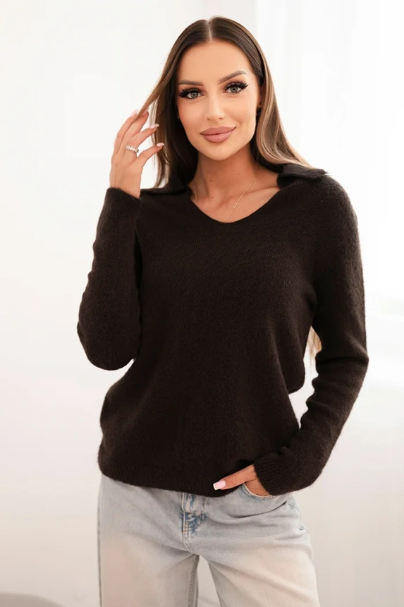 Damenpullover aus Baby-Alpaka mit Kragen und V-Ausschnitt braun