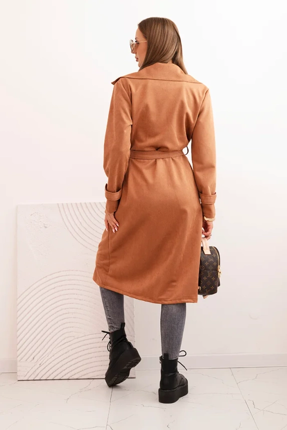 Women's suede coat tied at the waist with collar and buttons camel