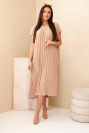 Damenkleid aus Viskose plissiert mit kurzem Ärmel camel