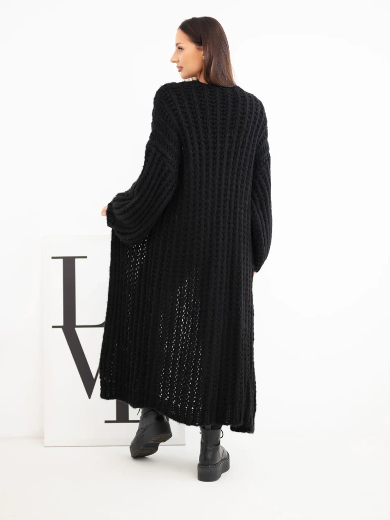 Damen langer Cardigan mit weitem Ärmel ohne Verschluss ajourmuster schwarz