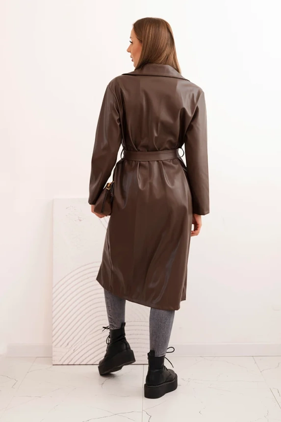 Trencz damski z ekoskóry z paskiem i kołnierzem brązowy