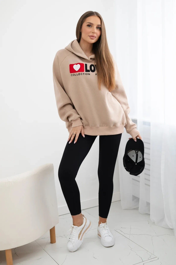 Insulated cotton sweatshirt with a hood Love dark beige