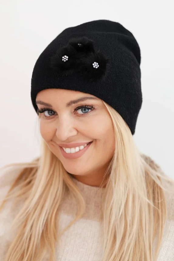 Women's hat with decorative fur flowers elegant black