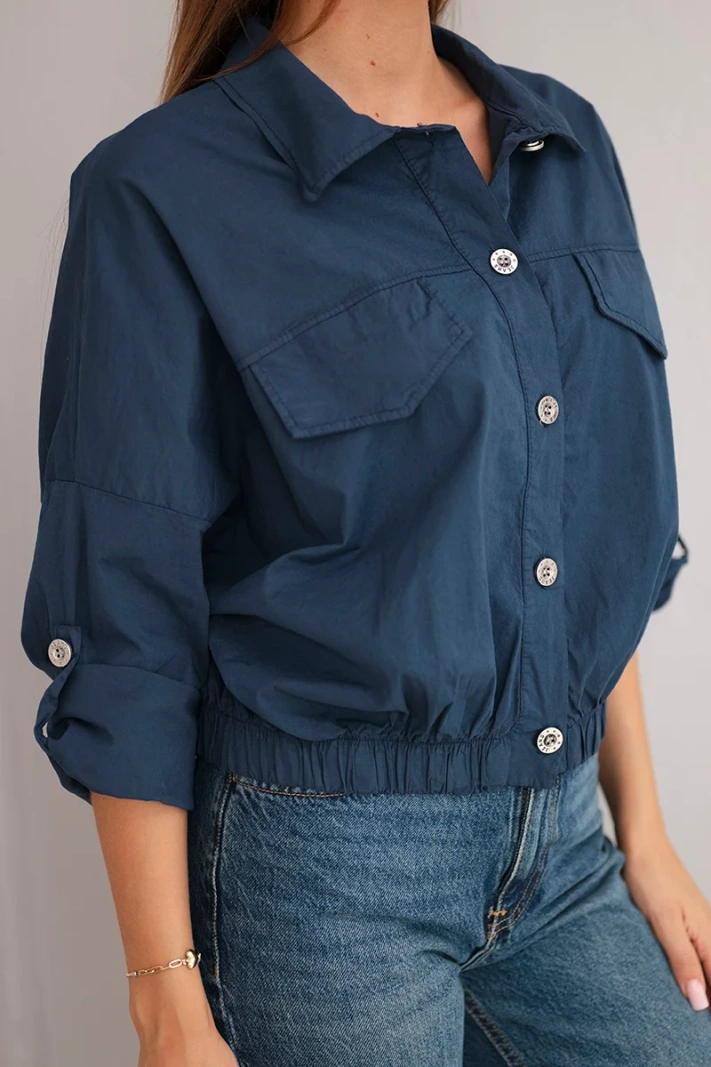 Women's spring cotton jacket with pockets and drawstring navy blue