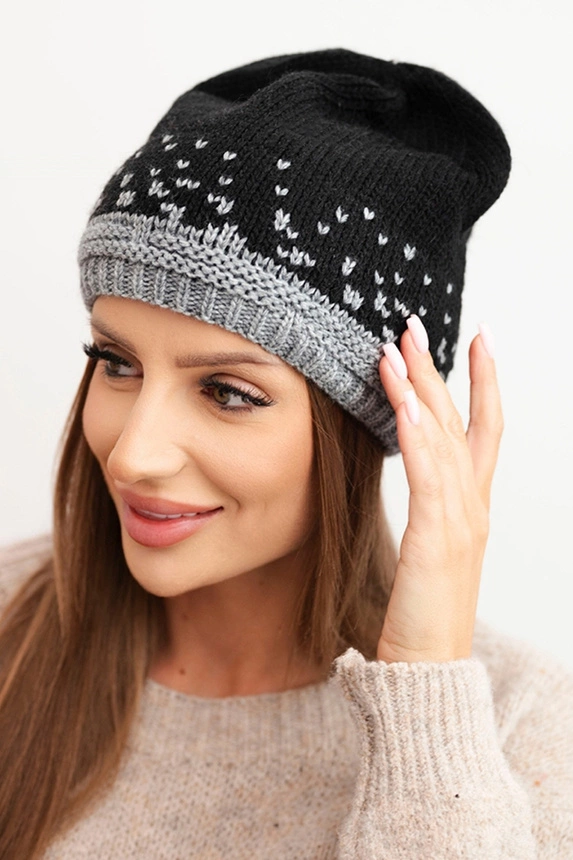 Women's winter wool hat with geometric pattern K477 black + gray