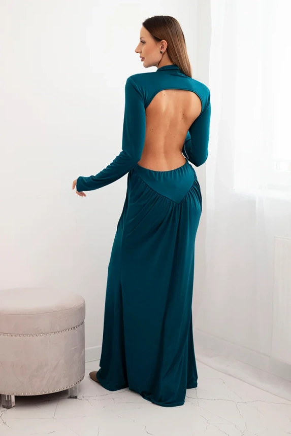 Damenkleid aus Viskose lang mit Rollkragen und offenen Rücken türkis