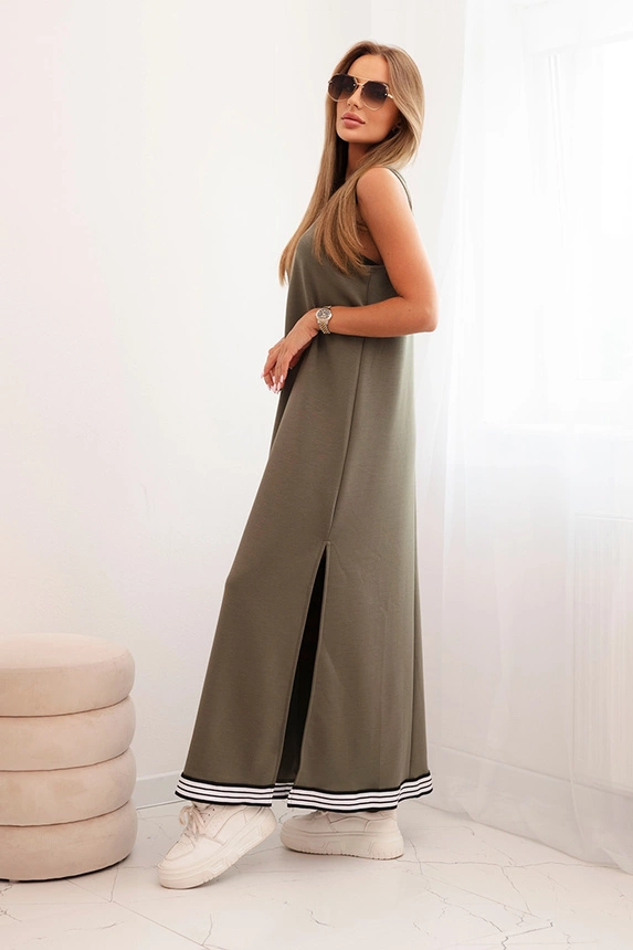 Damen Set mit Viskose, bestehend aus einer offenen Bluse und einem langen Kleid khaki