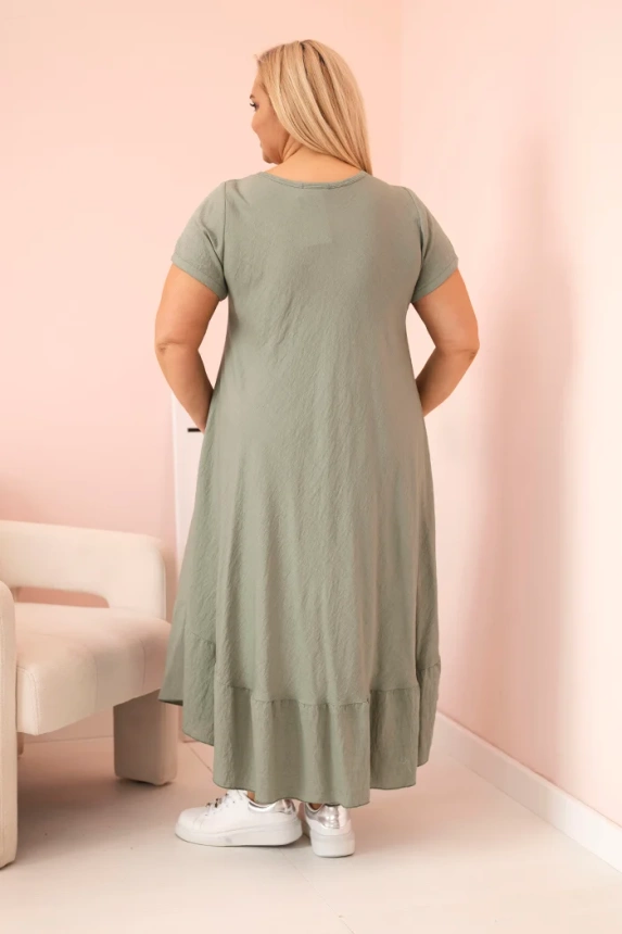 Plus size women's dress with short sleeves and ruffle made of light viscose khaki