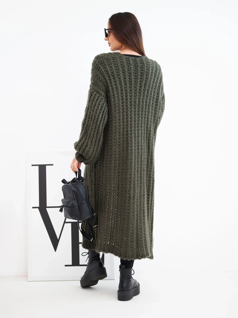 Damen langer gestrickter Cardigan ohne Verschluss mit weitem Ärmel khaki