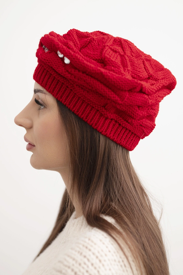 Women's winter hat with decorative weave and crystals K398 red