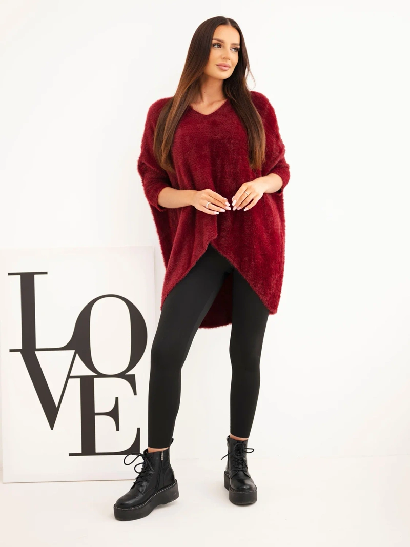Sweter damski Plus Size z dekoltem V bordowy