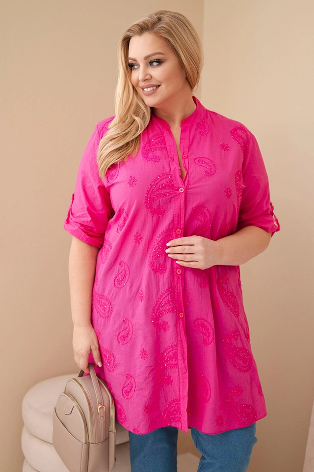 Damenkleid Plus Size mit Stickerei und hochgekrempelten Ärmeln rosa