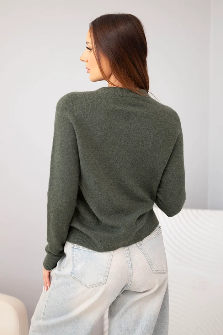 Sweter damski z baby alpaki z długim rękawem i okrągłym dekoltem khaki
