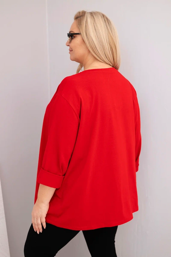 Dámská plus size blůza s bavlnou, dlouhým rukávem a řasením červená