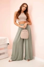 Women's wide viscose trousers with elastic waistband khaki