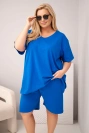 Moteriškas medvilninis Plus Size komplektas su palaidine ir šortais rugiagėlių mėlyna