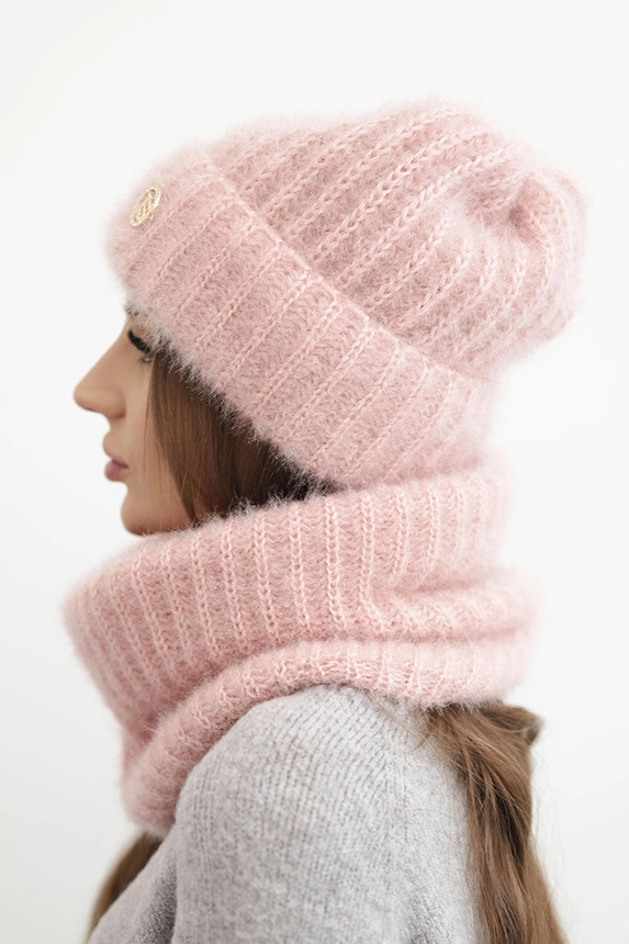 Women's set hat and winter fluffy scarf with decorative emblem black