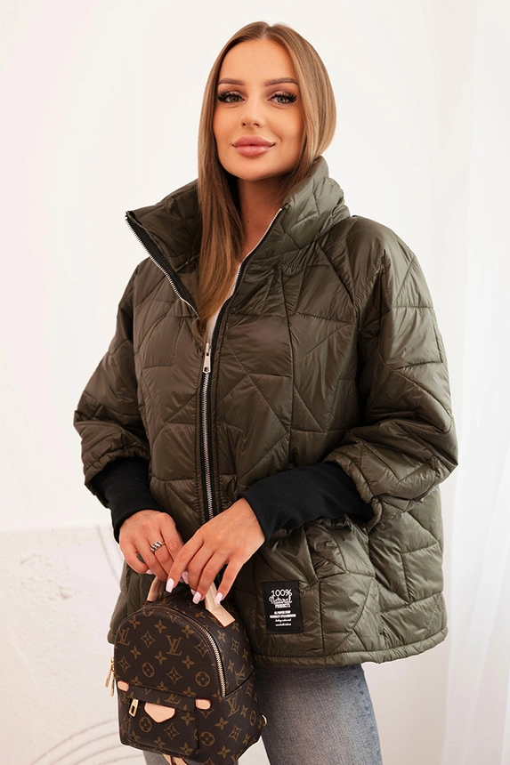 Dámska prešívaná bunda s krátkym strihom a golierom khaki