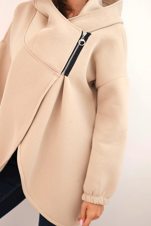 Damenpullover mit Kapuze und asymmetrischem Reißverschluss beige