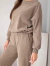 Moteriškas veliūrinis raištuotas komplektas su džemperiu ir kelnėmis su gumyte fango spalva