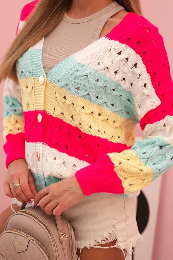 Ladies' striped openwork sweater with V-neck fuchsia + yellow