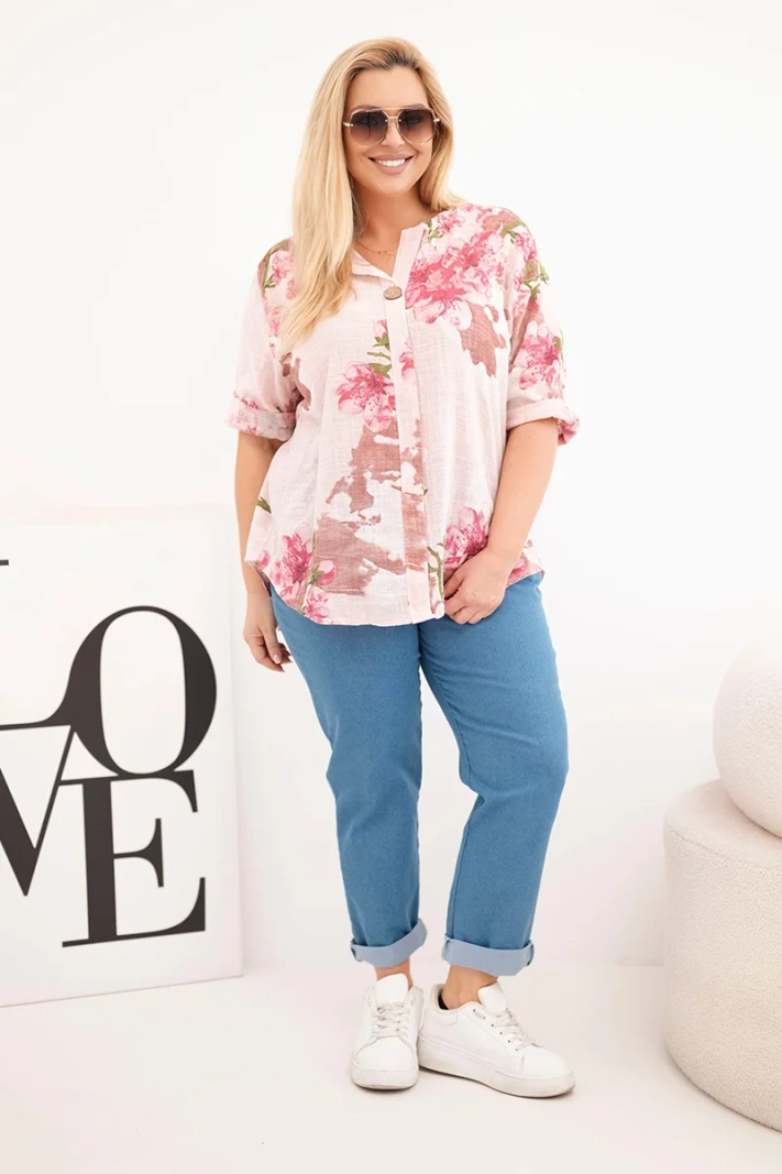 Damenbluse aus Baumwolle Plus-Size mit V-Ausschnitt und Blumenmuster Puderrosa