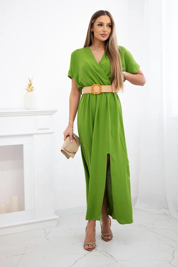 Long dress with a decorative belt olive