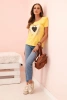Women's cotton blouse with ruffle and heart made of rhinestones yellow