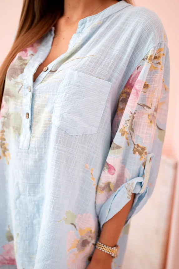 Women's cotton blouse with a floral pattern and buttons blue