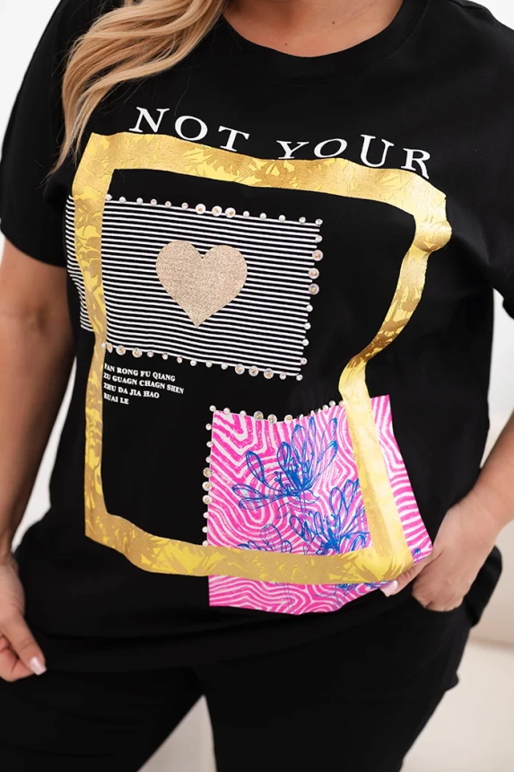 Moteriški medvilniniai Plus Size marškinėliai su auksiniu užrašu juoda + geltona