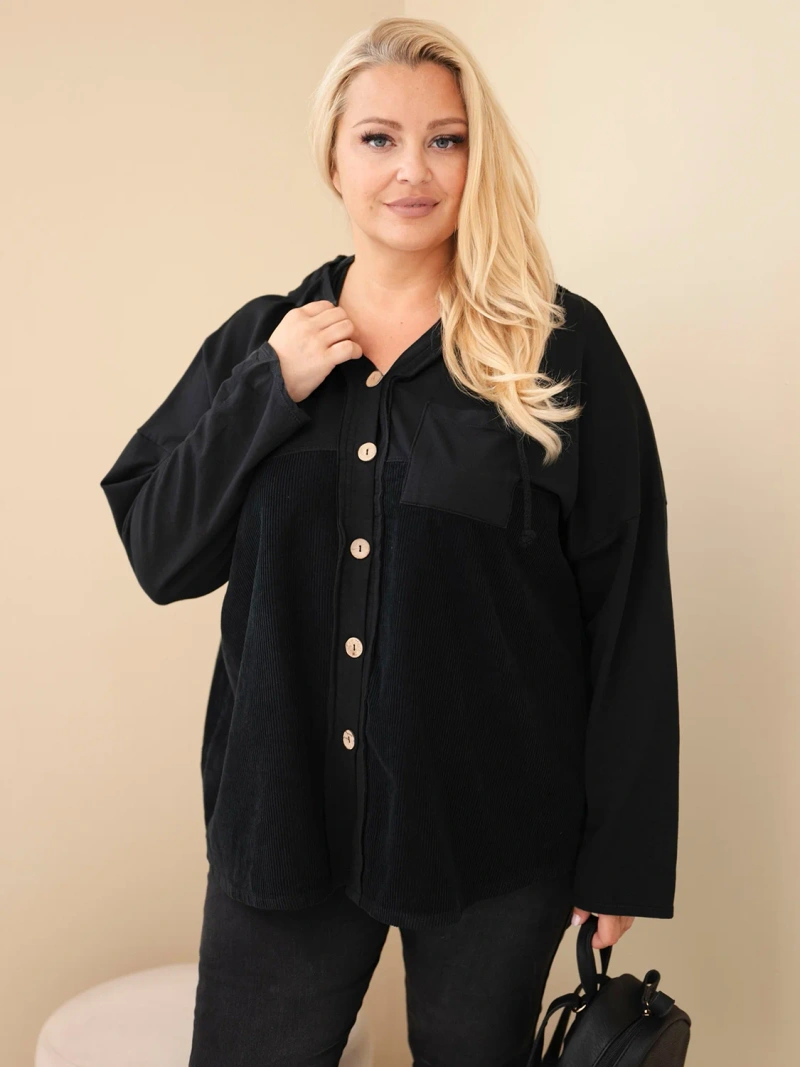 Moteriškas medvilninis Plus Size džemperis su gobtuvu ir sagomis juoda