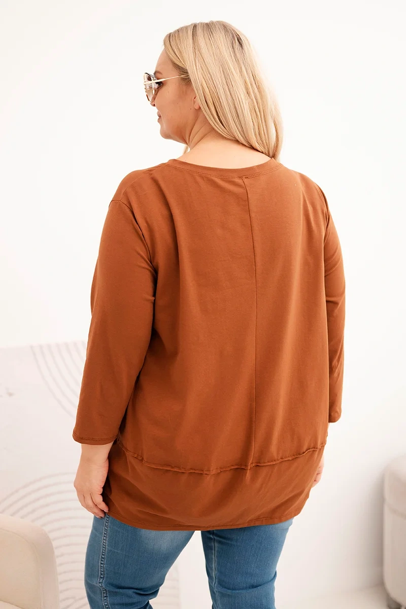 Bluzka damska Plus Size z bawełny z ozdobnymi guzikami i podwijanymi rękawami camelowa