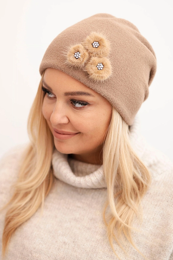 Women's hat with decorative fur flowers elegant black