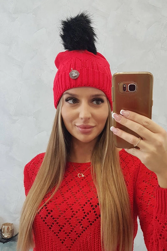 Moteriška kepurė su pomponu Judith K347 raudona