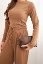 Women's viscose set with a blouse and wide trousers camel