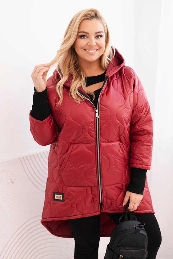 Kurtka damska zimowa Plus Size pikowana z kapturem bordowa