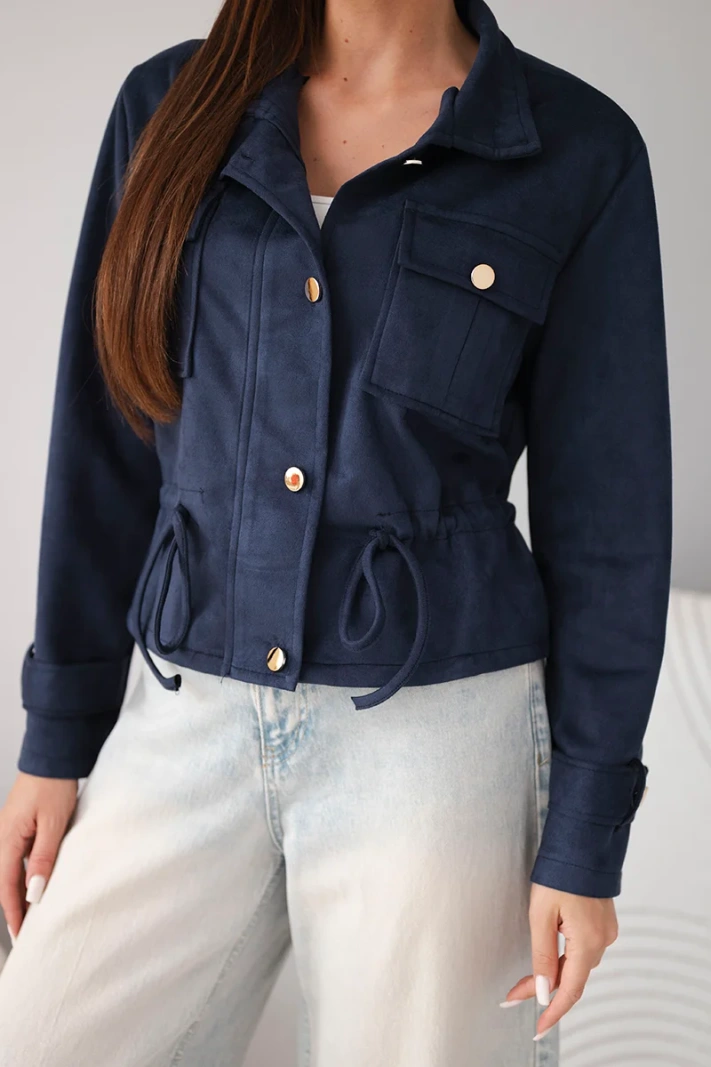 Women's suede jacket with pockets and a drawstring at the waist navy