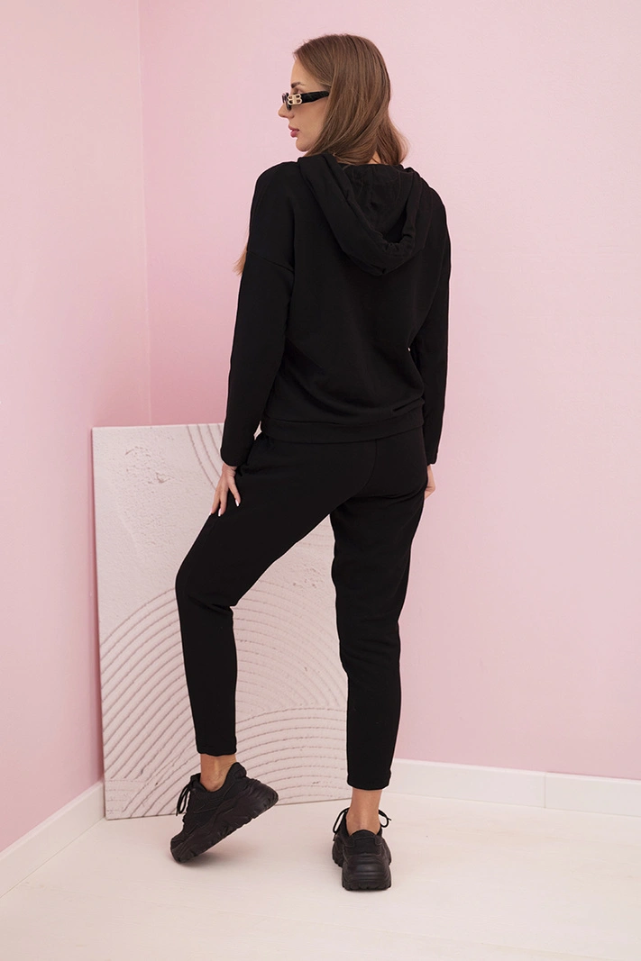 Women's cotton tracksuit set with a hood and print black