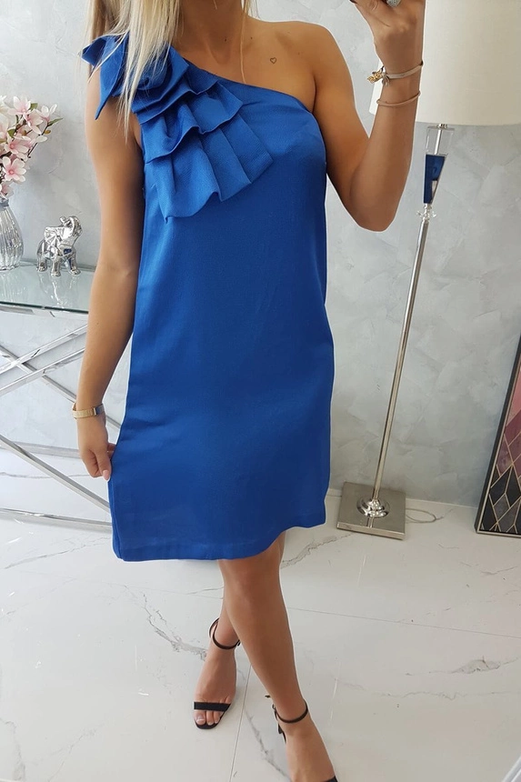 Dress with a bow on the shoulder mauve-blue