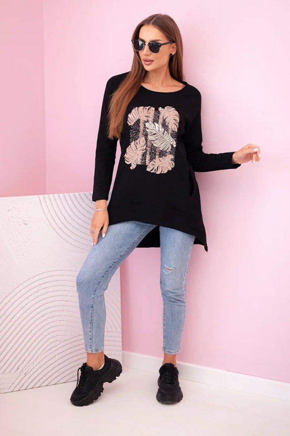 Women's blouse with pockets and decorative print black