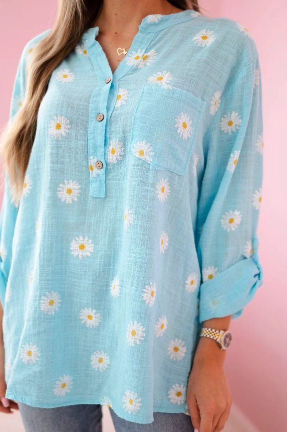 Linen Women's Blouse with Floral Pattern, Long Sleeves, and Buttons Mint