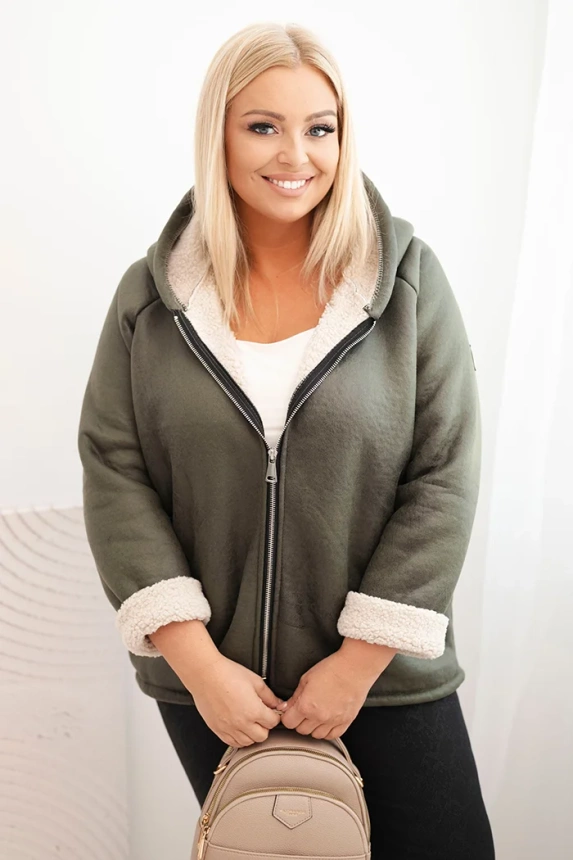Moteriška striukė Plus Size su gobtuvu ir avikailiu khaki
