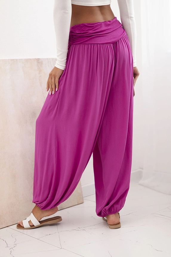 Women's viscose trousers with wide leg and ruffles dark purple